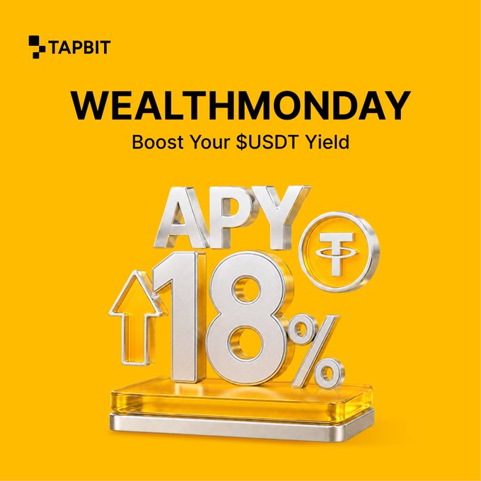 A yellow promotional graphic for TAPBIT featuring the text 'WEALTHMONDAY Boost Your $USDT Yield' and a 3D metallic display showing 'APY 18%' with an upward arrow and a Tether coin icon.