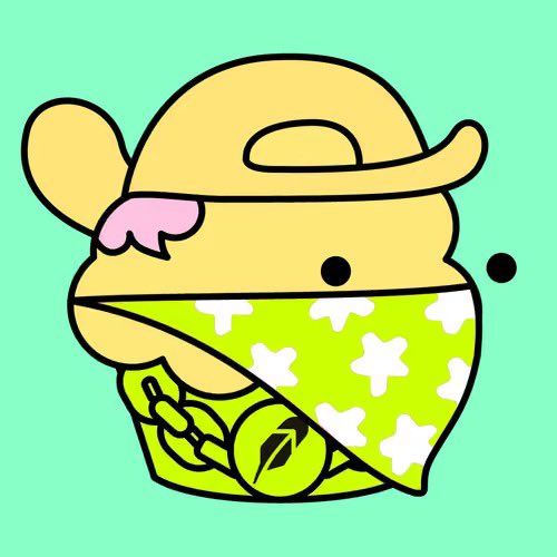 A cute cartoon character resembling a bear or koala wearing a yellow baseball cap and green bandana with white flower patterns, set against a mint green background.