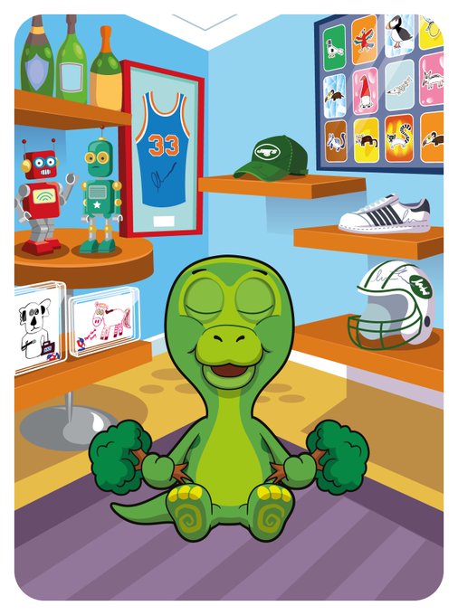 A cartoon illustration of a green dinosaur-like character meditating in a room filled with shelves displaying various items like a '33' basketball jersey, a robot, and helmets.