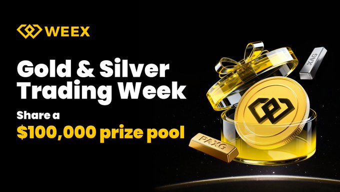 This is an advertisement for WEEX's "Gold & Silver Trading Week," where participants can share a $100,000 prize pool. The image visually reinforces this by showing gold and silver bars, a coin with the WEEX logo, and a prize box, all associated with the promotion.