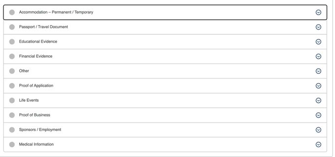 A screenshot of a visa application document checklist displaying ten expandable categories—including Accommodation, Passport/Travel Document, Educational Evidence, Financial Evidence, and Medical Information—each with a circular checkbox icon. The image illustrates the extensive documentation required for the user's 3-day Solana Breakpoint conference trip, visually reinforcing their complaint about proving nearly every aspect of their life for a short visa application.