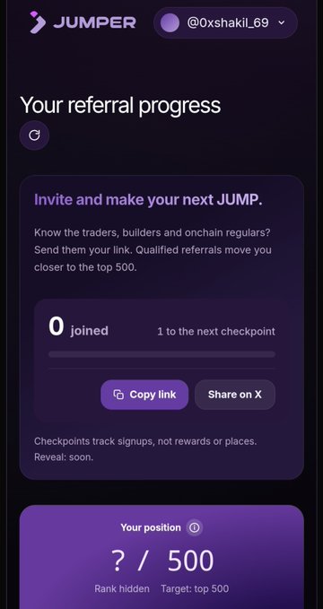 A JUMPER referral progress screen for user @0xshakil_69 showing 0 joined, 1 to the next checkpoint, with options to copy link or share on X, and a hidden position of ?/500 targeting top 500.