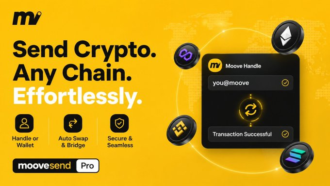 A yellow promotional banner reads 'Send Crypto. Any Chain. Effortlessly.' for Moove Send, featuring icons for Handle or Wallet, Auto Swap & Bridge, and Secure & Seamless.