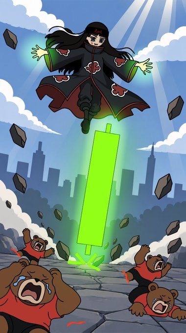 A girl in an Akatsuki cloak hovers mid-air with arms outstretched, channeling a powerful force that launches a massive green candlestick upward into a city skyline, sending panicked bears flying amid debris and dust clouds. The artwork reimagines a Shinra Tensei scene as a crypto allegory, where the floating figure represents the $LYNK token pushing a giant green bullish candle skyward while bearish figures scatter below.