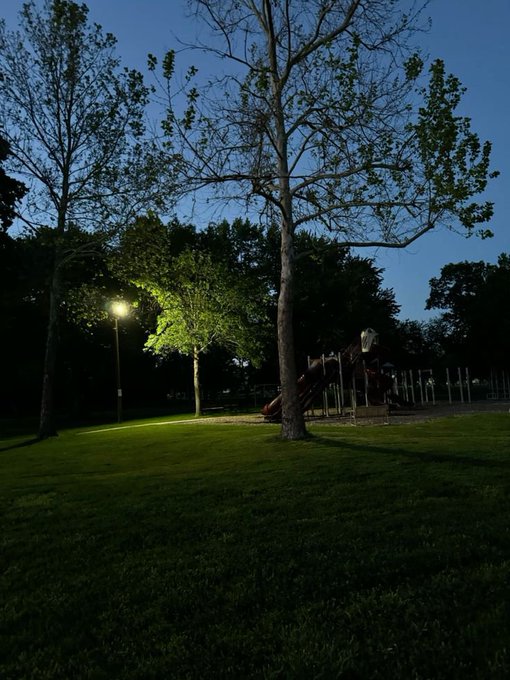 A nighttime park scene featuring a tall, illuminated streetlamp casting a glow over the surrounding grass and trees, with a playground visible in the background under a deep blue sky.