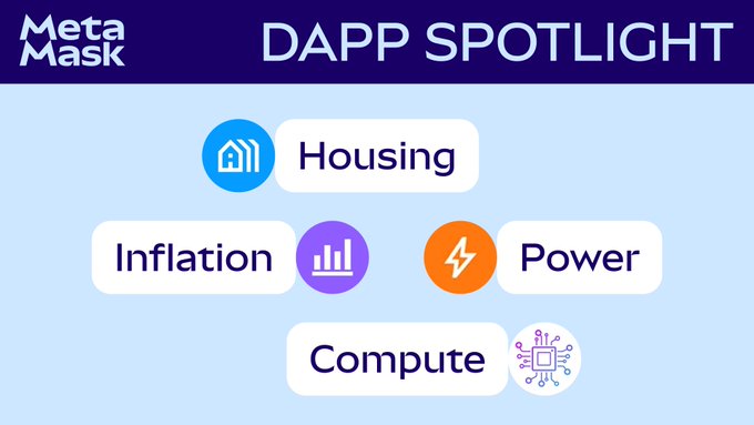 A "DAPP SPOTLIGHT" promotional graphic by MetaMask featuring icons for Housing, Inflation, Power, and Compute.