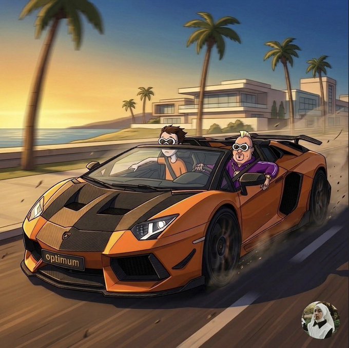 An animated illustration shows two men wearing sunglasses driving an orange Lamborghini convertible labeled 'optimum' down a coastal road lined with palm trees and modern houses at sunset.