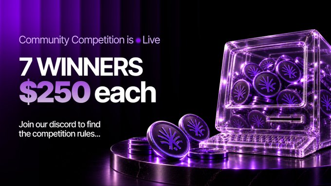 Promotional graphic with text '7 WINNERS $250 each' and 'Community Competition is Live', featuring purple coins with a tree logo spilling out of a glowing digital safe, inviting users to join a Discord for rules.