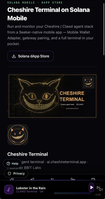 Solana Mobile dApp Store page advertising 'Cheshire Terminal' as a Seeker-native mobile app for running Cheshire/Clawd agent stacks, with a Cheshire cat logo.