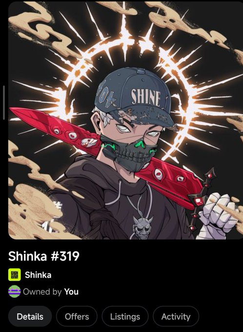 A digital NFT artwork titled "Shinka #319" from the Shinka collection shows an anime-style character wearing a black cap reading "SHINE," a black face mask with green glowing accents, and a red scarf, set against a dark background with a glowing radiant halo and sketchy cloud effects. The piece is owned by the user and aligns with the post's excitement about the collection's underrated artistic value at its current price point.