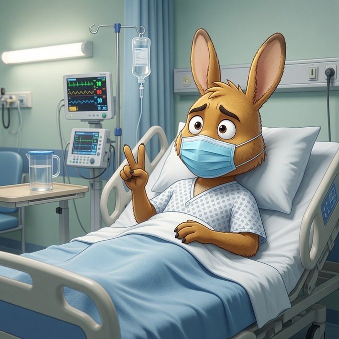 An animated kangaroo character wearing a hospital gown and face mask lies in a hospital bed giving a peace sign, with medical monitors and equipment visible in the background.