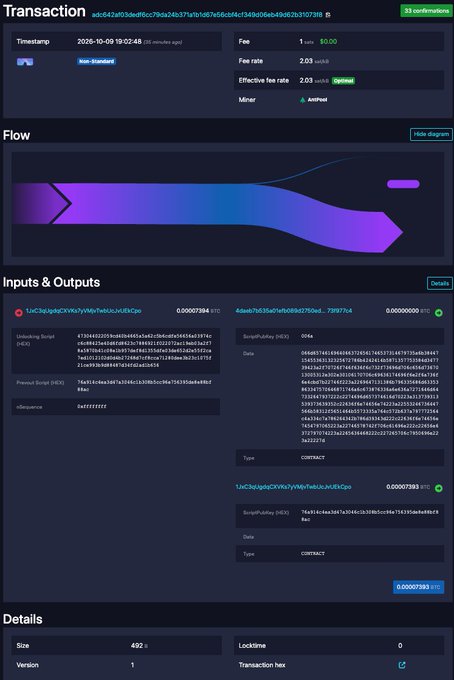 A blockchain transaction details page showing transaction hash "adc42af93bef6cc7f8a24b3797f6fd7bfc664c1349d06eb9dbf267d373f8" with a timestamp of "2026-10-09 19:02:48" and fee of "$0.00," featuring a Sankey-style flow diagram, inputs/outputs section displaying contract interactions with addresses starting "1ACb2qa6C9Vkz..." and "4dac83b39afebb806279ad...73957bc," with 33 confirmations and a contract type transaction value of 0.00007583.
