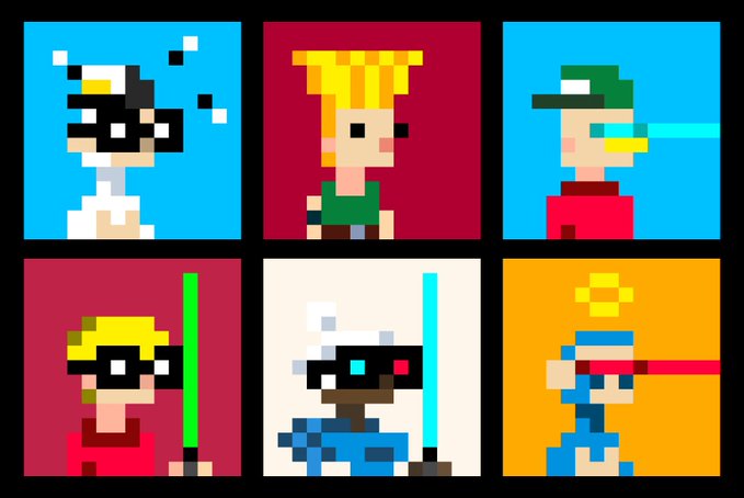 A grid of six pixel art characters with blocky sunglasses and various accessories, including a lightsaber and jet beams, on colorful backgrounds.