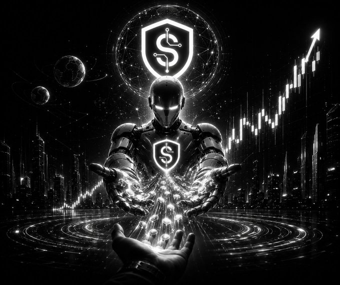 A futuristic black and white digital artwork of a glowing armored figure with a dollar sign shield logo, surrounded by rising financial charts and cityscape.