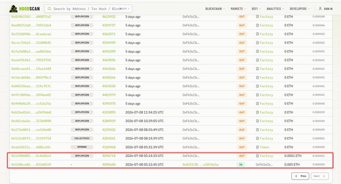 A HoodiScan blockchain explorer page displays a list of recent token deployments with addresses and ETH values, with a red box highlighting the bottom entry showing address "0x1349b8D...6e0d2e1" created "2026-07-08 05:14:33 UTC" for "Factory" at "0.0001 ETH," alongside "0x320eaf0...833af319" with "0.005 ETH" and "IN" status.