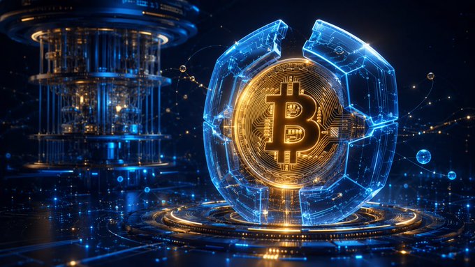 Digital art featuring a glowing gold Bitcoin symbol encased in a blue futuristic crystalline sphere with circuit-like patterns and a Bitcoin mining rig in the background.