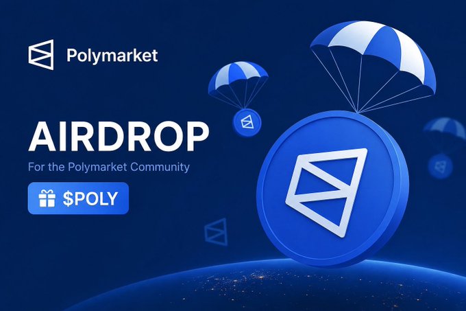 Promotional graphic for 'Polymarket AIRDROP For the Polymarket Community $POLY' featuring blue parachutes carrying tokens against a dark blue background with Earth visible below.