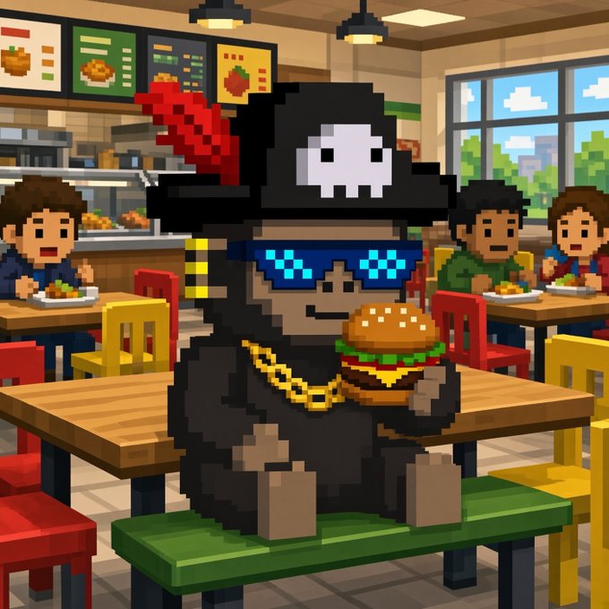A pixel-art style illustration of a character dressed as a pirate with a skull hat and pixelated sunglasses, holding a hamburger while seated on a green bench inside a fast-food restaurant.