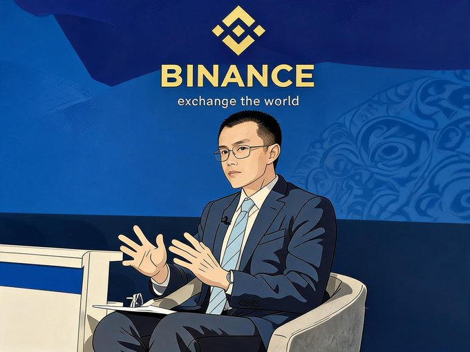 An illustrated depiction of Binance founder Changpeng Zhao (CZ) speaking at a conference, set against a blue backdrop featuring the Binance logo and its slogan "exchange the world." The image symbolizes the broader crypto exchange landscape that FCoin's disruptive "transaction mining" model disrupted in June 2018, challenging even industry leaders like Binance.