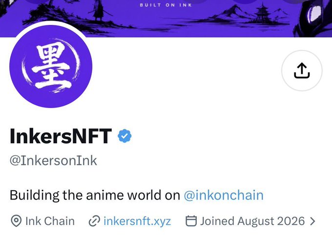 A Twitter/X profile screenshot shows 'InkersNFT' (@InkersonInk), marked 'BUILT ON INK', with the description 'Building the anime world on @inkonchain' and a link to inkersnft.xyz.