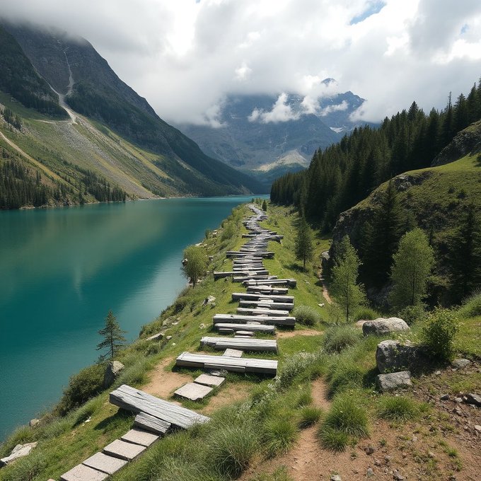 A scenic landscape showing a turquoise alpine lake surrounded by mountains, with a winding path made of wooden planks and stone steps leading along its shore under a cloudy sky.