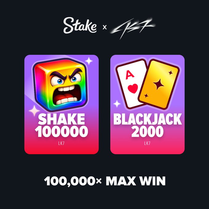 A promotional graphic for a Stake collaboration featuring two new games—"Shake 100000" and "Blackjack 2000"—with a "100,000× MAX WIN" headline, celebrating Stake's birthday. The post invites users to drop their Stake ID to participate in the birthday-themed game launch.