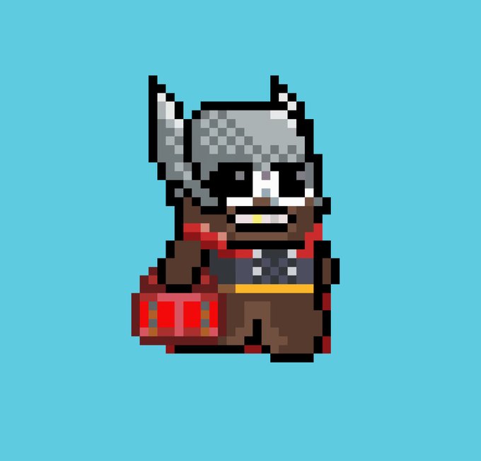 A pixel art character resembling Thor, wearing a winged helmet and red cape, stands next to a red hammer against a teal background.