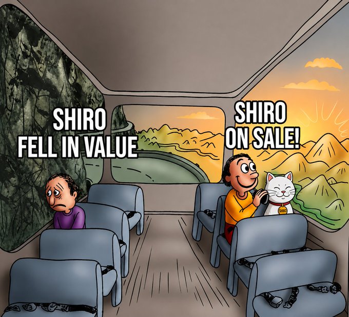 A cartoon shows a sad passenger on the left labeled "SHIRO FELL IN VALUE" looking out at a dark, gloomy landscape, while a happy passenger on the right holds a white cat labeled "SHIRO" with text reading "SHIRO ON SALE," set against a bright, sunny mountain view. The image visually represents the post's message of framing a price dip as a buying opportunity for the $SHIRO memecoin.
