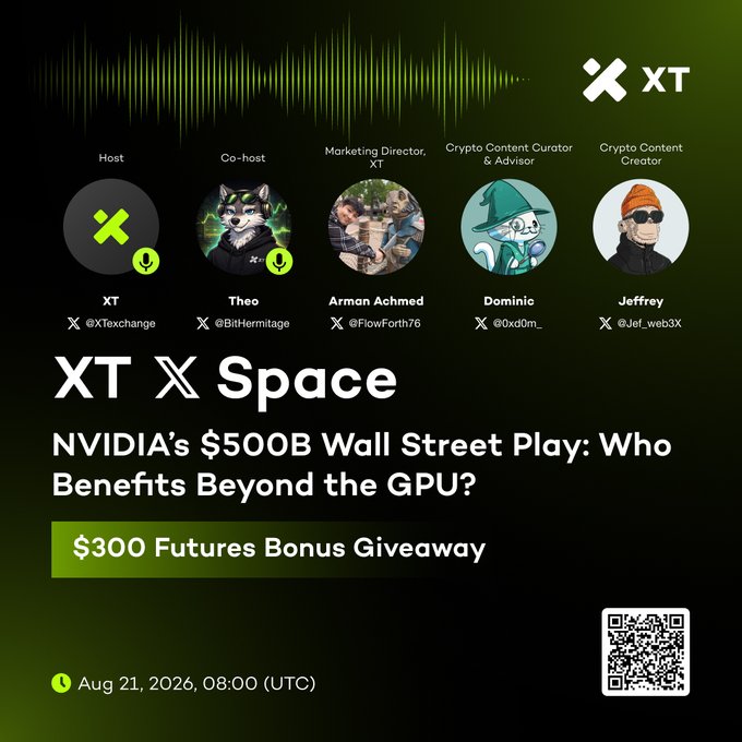 Promotional graphic for an XT X Space event titled "NVIDIA's $500B Wall Street Play: Who Benefits Beyond the GPU?" featuring hosts XT, Theo, Arman Achmed, Dominic, and Jeffrey, scheduled for Aug 21, 2026 at 08:00 UTC with a $300 Futures Bonus Giveaway, complete with a QR code for joining via t.me/xt_future.