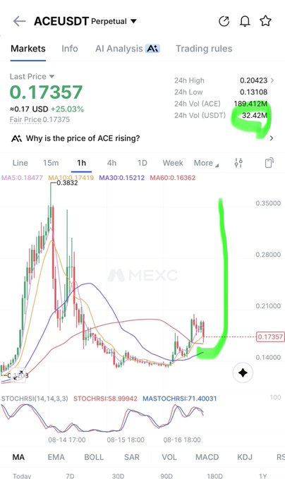 A screenshot from the MEXC exchange showing the ACE/USDT perpetual trading pair with a last price of 0.17357 (+25.03%), featuring a 1-hour candlestick chart with a green line highlighting a recent price pump.