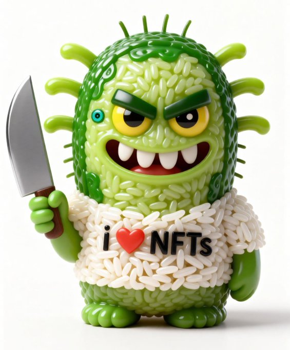 A 3D-rendered green monster figurine made of rice grains holding a knife, wearing a shirt that reads 'I ❤ NFTS'.