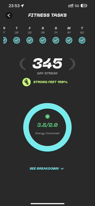 The image shows a fitness tracking app with a black background, displaying the user's progress over time for their daily steps taken. The app has a green circle that represents the number of steps taken each day, and there are several checkboxes indicating whether or not they have completed their daily goal. The post suggests that the user should focus on taking more steps to improve their fitness level.