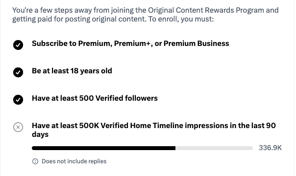A Twitter Original Content Rewards Program eligibility screen showing completed requirements (Premium subscription, 18+ age, 500 verified followers) but failing the 500K Verified Home Timeline impressions requirement at 336.9K.