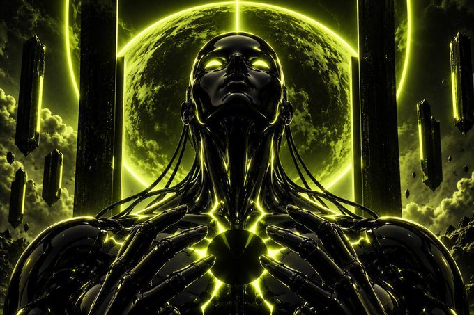 A glossy black robotic figure with glowing yellow eyes and a radiant orb at its chest stands before a massive planet encircled by a luminous yellow ring, evoking a futuristic, godlike AI entity channeling cosmic power. The image's themes of technological supremacy and energy align with the post's framing of Obscura's dual-token ecosystem as an unstoppable, mechanized force — with the glowing orb symbolizing the "Verifiable Profit to Burn Loop" that fuels $AOBS and $OBS tokens through realized trading gains.