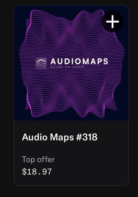 A mobile NFT listing card displays "Audio Maps #318" by "AudioMaps" with the tagline "Sound On Chain," showing a top offer of $18.97 against a purple wavy waveform graphic. The card visually represents the newly minted audio NFT by @sunken0x referenced in the accompanying post.