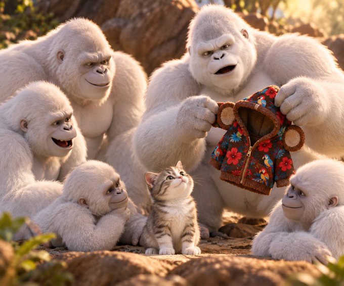 A group of white-furred gorillas gather around a small tabby kitten, with one large gorilla holding up a tiny colorful floral hoodie as if dressing the cat.