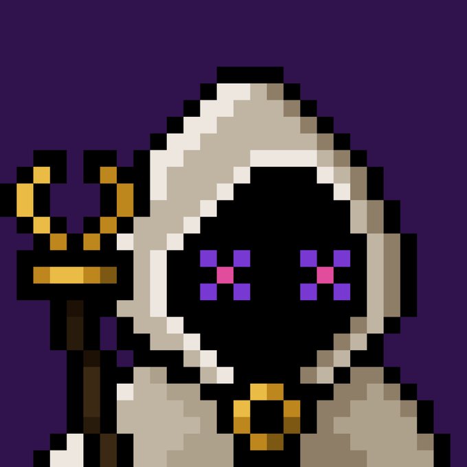 A pixel art character wearing a hooded white cloak with purple and pink pixelated eyes, gripping a golden staff against a dark purple background.
