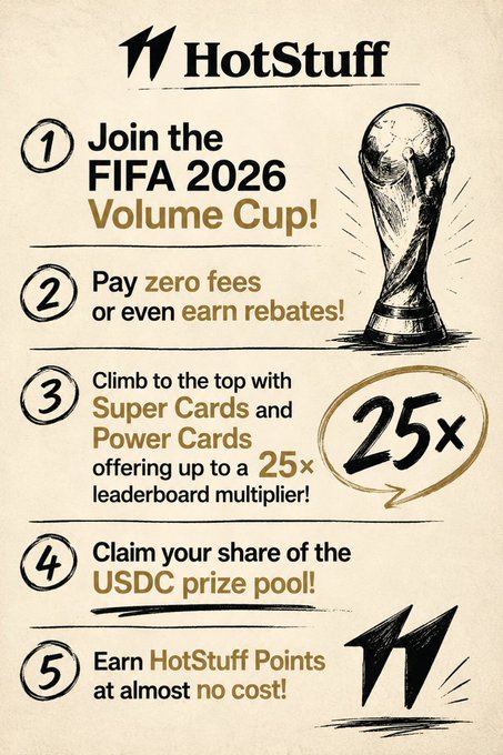 A promotional graphic for HotStuff advertising a FIFA 2026 Volume Cup, listing benefits including zero fees, rebates, Super Cards/Power Cards with up to a 25x leaderboard multiplier, USDC prize pool, and earning HotStuff Points, alongside an illustration of the FIFA World Cup trophy.