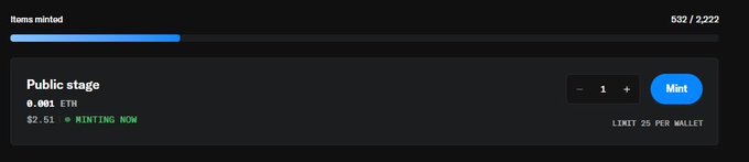 The image shows an NFT minting interface displaying "Items minted 532 / 2,222" with a progress bar, pricing at 0.001 ETH ($2.51), a "MINTING NOW" status with a limit of 25 per wallet. This relates to the post about a collection called "Eli" on Robinhood Chain where supply has been capped at 2,222 "Brokers," and the mint count shows over a quarter of seats have already been claimed.