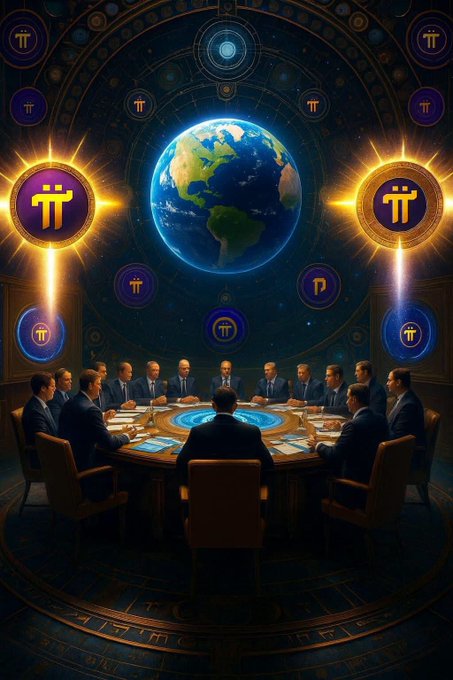 A group of suited officials sits around a large circular conference table beneath a glowing Earth and ornate Pi Network symbols, evoking the secretive leadership behind the cryptocurrency. The image reinforces the post's explanation that the Pi Core Team operates behind the scenes, letting the project follow its own strategic path rather than engaging in frequent public communication.