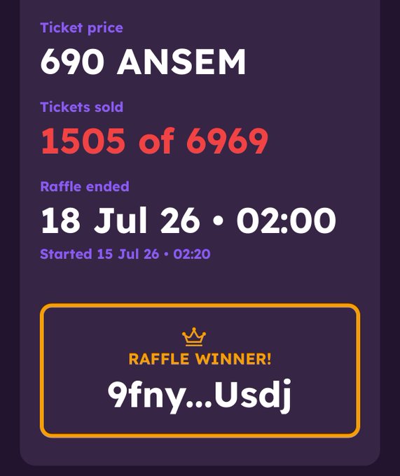 A raffle results card showing 1,505 of 6,969 tickets sold for a 690 ANSEM ticket prize, with the raffle ending on 18 Jul 26 at 02:00 and the winner "9fny...Usdj" announced, corroborating the post's details about the $ANSEM Patek Philippe raffle where @_TJRTrades won with 588 tickets.