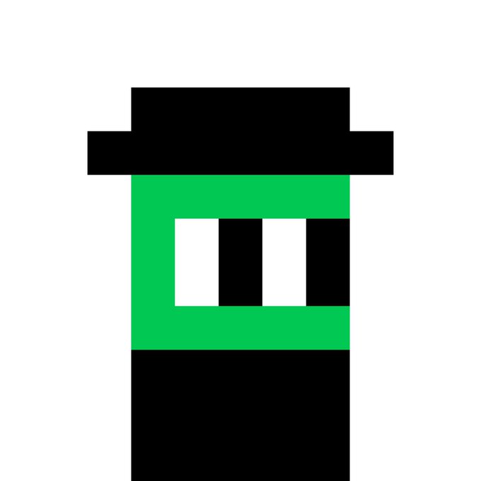 A minimalist pixel-art character resembling a figure in a black hat and coat with a green band covering the eyes and a black-and-white striped mouth area.