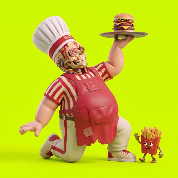 A 3D-rendered zombie-like chef character in a red apron and chef hat holding a hamburger on a tray, with an animated fries character beside him, against a bright yellow-green background.