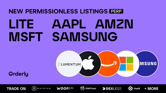 The image shows a purple background with white text that reads "New permissionless listings (PERP) Lite, Apple, Amazon, Samsung". Below this, there are five logos representing different companies such as Apple, Amazon, Samsung, and Microsoft. The text also mentions that the app store is focused on crypto and more RWA's than anywhere else.