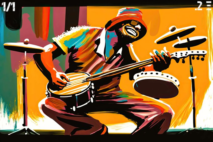 A vibrant digital illustration of a smiling musician energetically playing a drum set, rendered in bold, high-contrast colors.