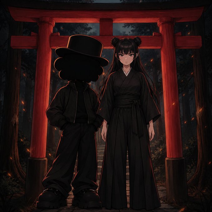 An anime-style illustration depicts a young woman in a black kimono standing next to a silhouetted figure wearing a black top hat, posed before a red torii gate in a dark forest.