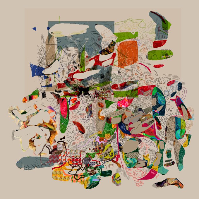 The image features a chaotic, abstract painting with various shapes and colors scattered throughout. Some of these elements include a bird, fish, and other objects that appear disorganized and overlapping each other. The painting does not have any discernible meaning or message, making it difficult for viewers to understand the artist's intent. The post discussing this artwork reads: "New bid in Current bid 110 xtz by @5tr4n0". This suggests that someone has posted about this chaotic painting on social media, possibly sharing their thoughts and opinions on the piece with others.