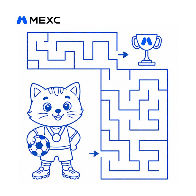 A MEXC-branded maze illustration features a cartoon cat mascot holding a soccer ball, with arrows guiding the path through the labyrinth to a championship trophy at the finish—visually echoing the "MEXC Kickoff Fest" challenge of reaching "the final goal" as promoted in the accompanying post.