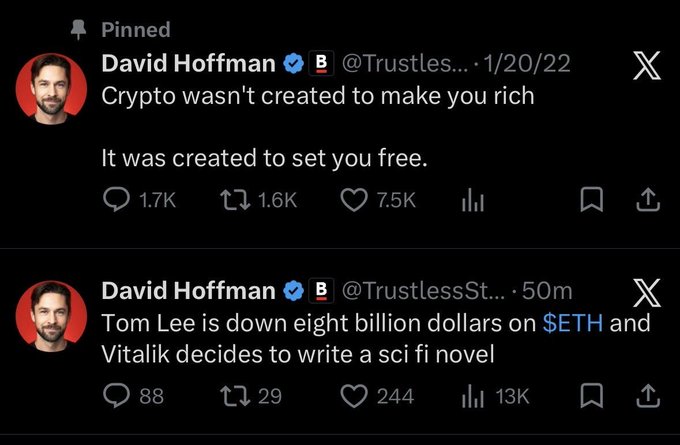 The image shows two Twitter posts featuring David Hoffman and a man named Tom Lee discussing Bitcoin and cryptocurrency. The posts are positioned side by side, with the left one placed slightly higher than the right one. Both posts contain some text related to the discussion about cryptocurrency and Bitcoin, but there is no specific information provided about their contents or the users' names in the image description.