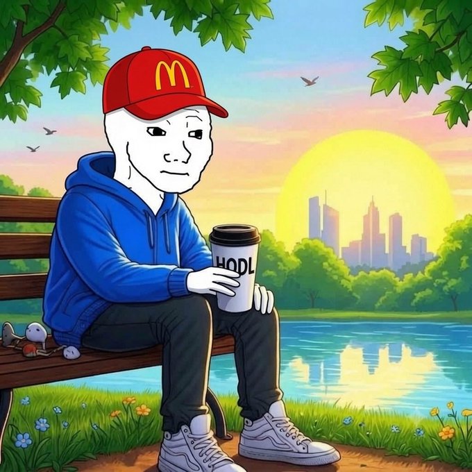 A wojak character wearing a McDonald's cap sits on a park bench holding a coffee cup labeled "HODL," capturing the meme's "just hodl it" sentiment as the $WOJAK crypto community embraces long-term holding despite the serene sunset cityscape in the background.